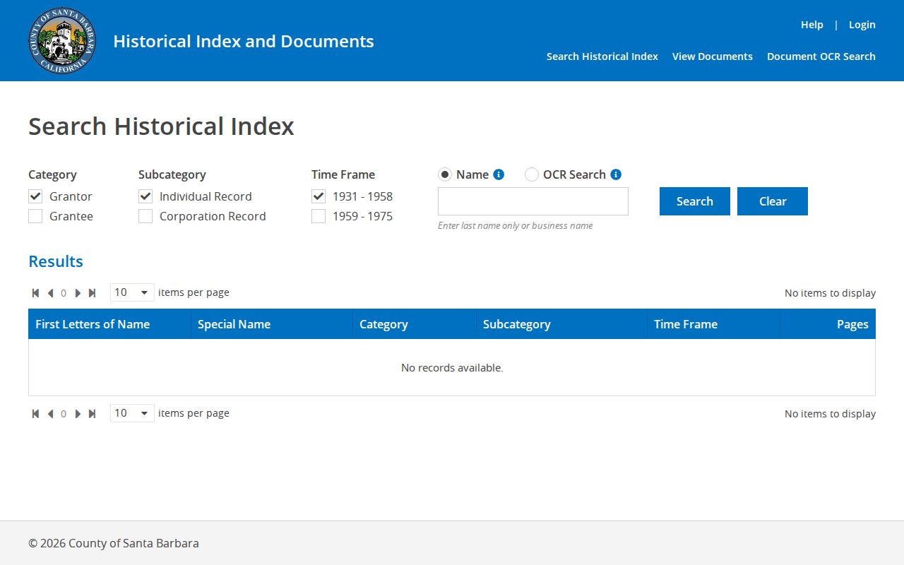 Santa Barbara County previous residents historical grantor grantee index