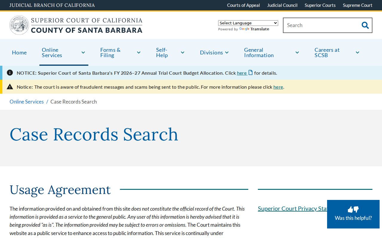 Santa Barbara County resident lookup Superior Court case records